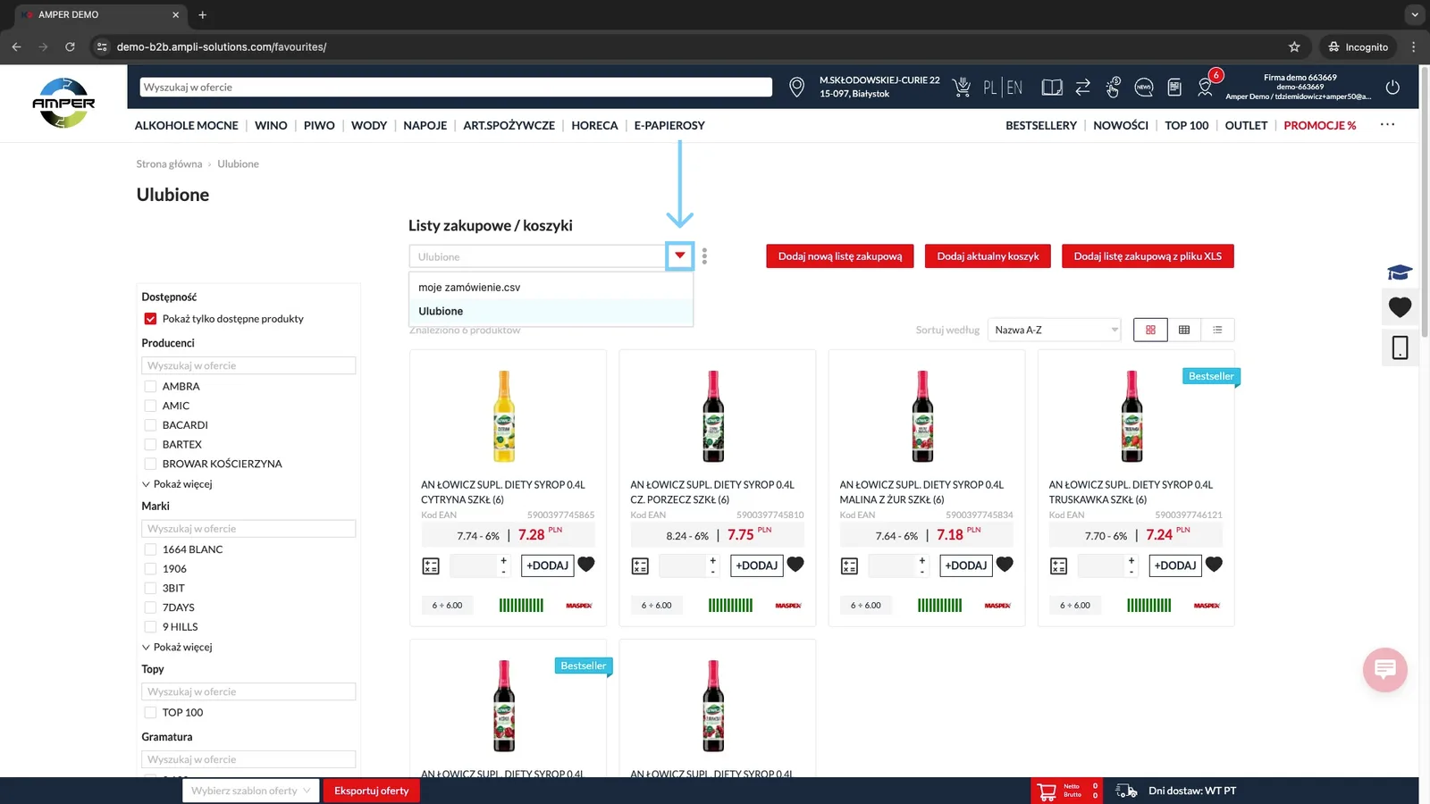 Zrzut ekranu – Wybór list zakupowych i ich edycja