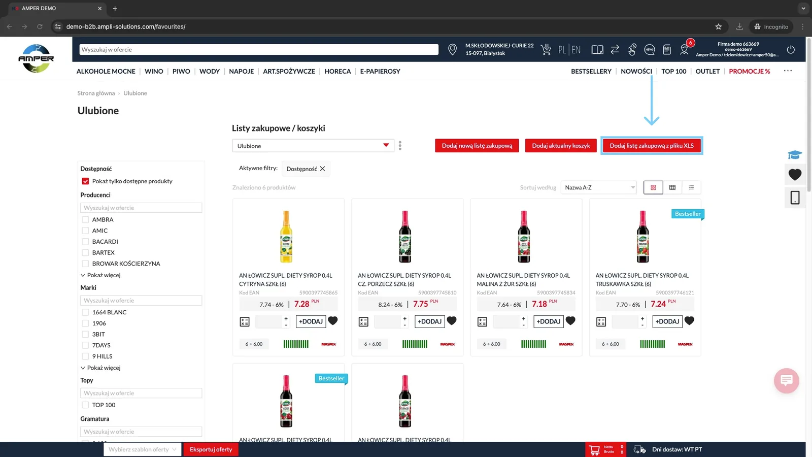 Zrzut ekranu – Dodaj listę zakupową z pliku XLS