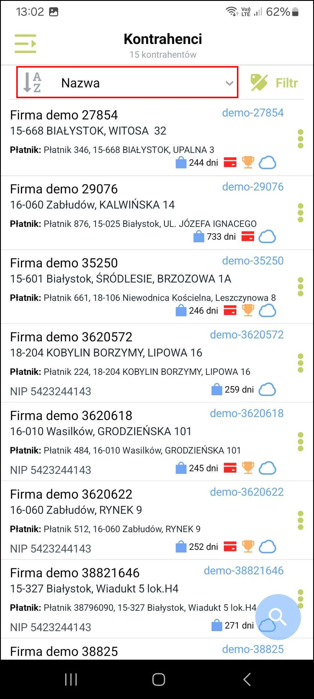 Zrzut ekranu – Lista kontrahentów