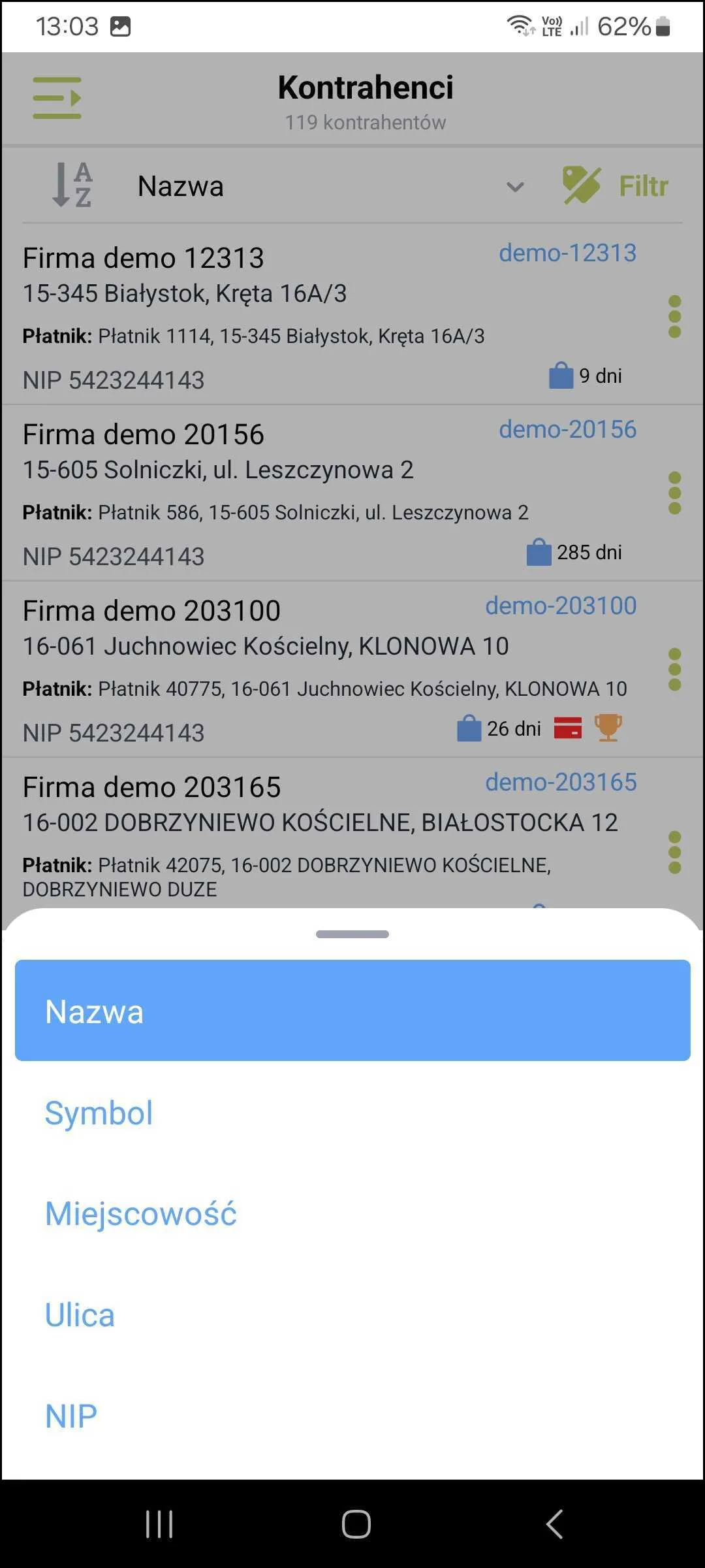 Zrzut ekranu – Lista kontrahentów