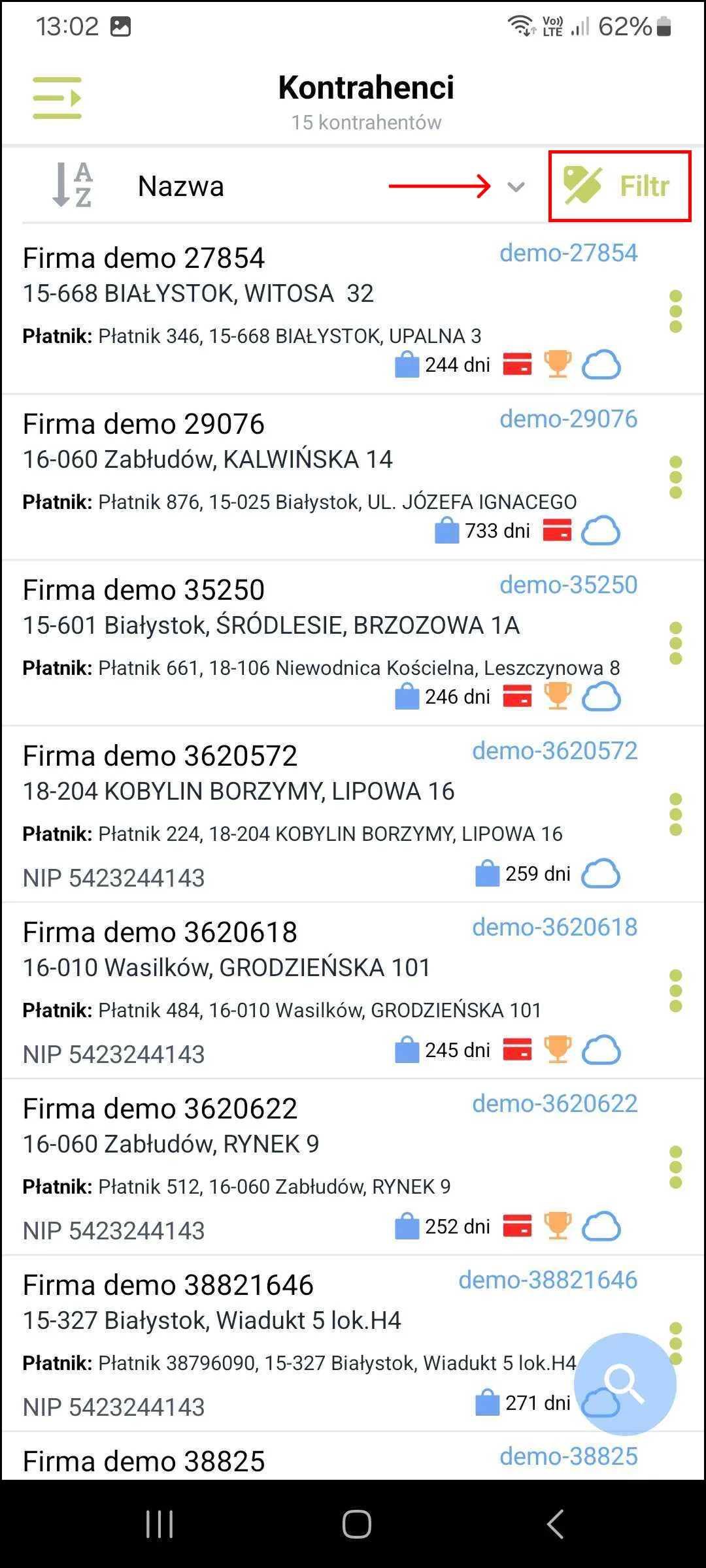 Zrzut ekranu – Lista kontrahentów