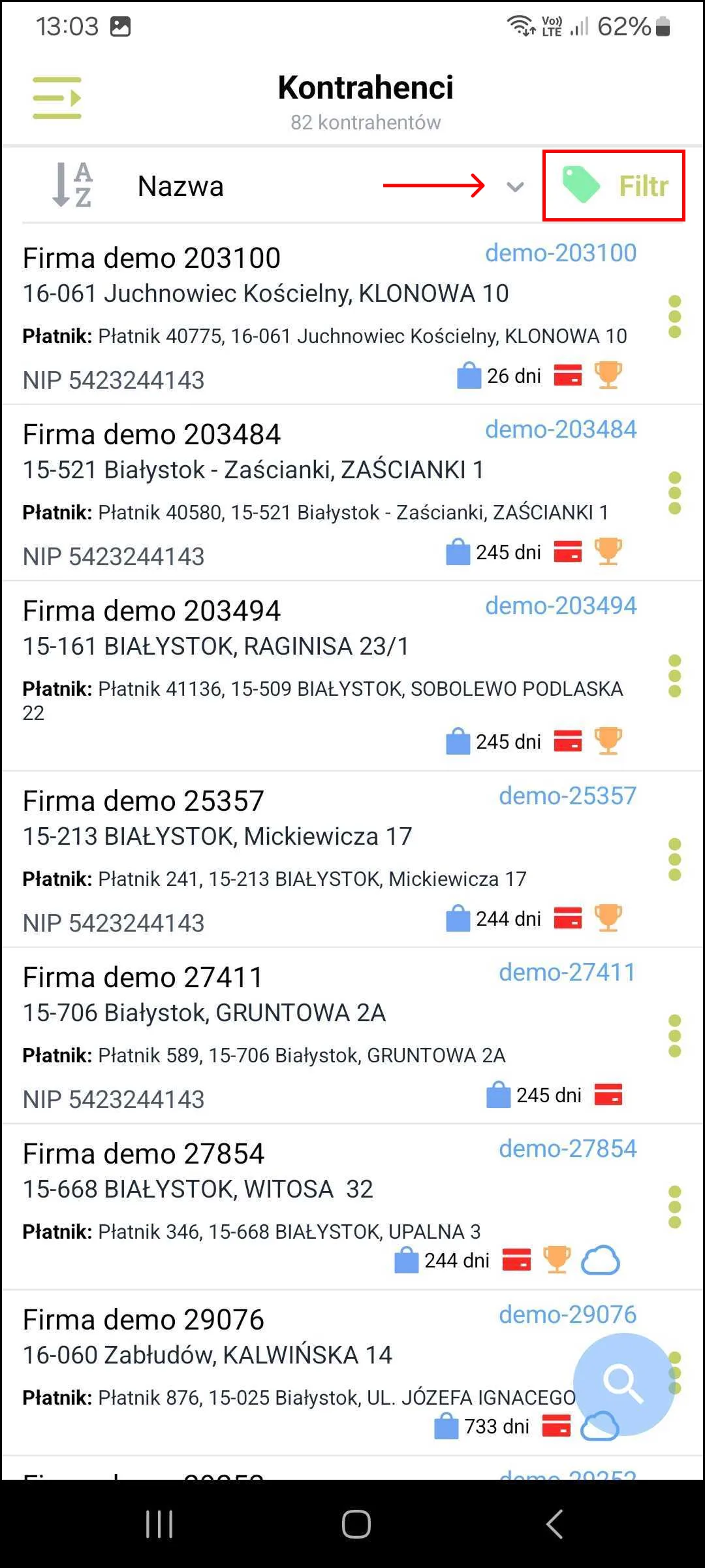 Zrzut ekranu – Lista kontrahentów