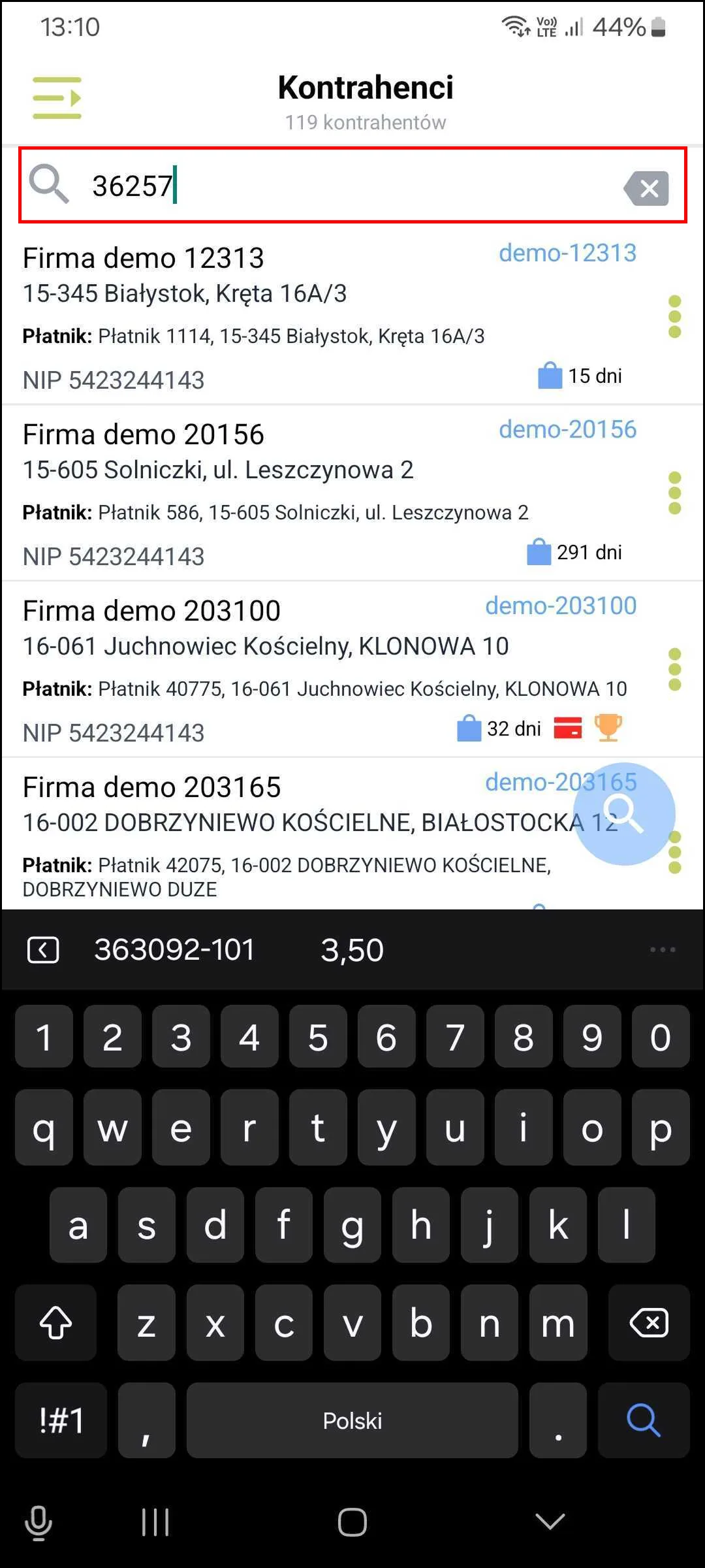 Zrzut ekranu – Lista kontrahentów