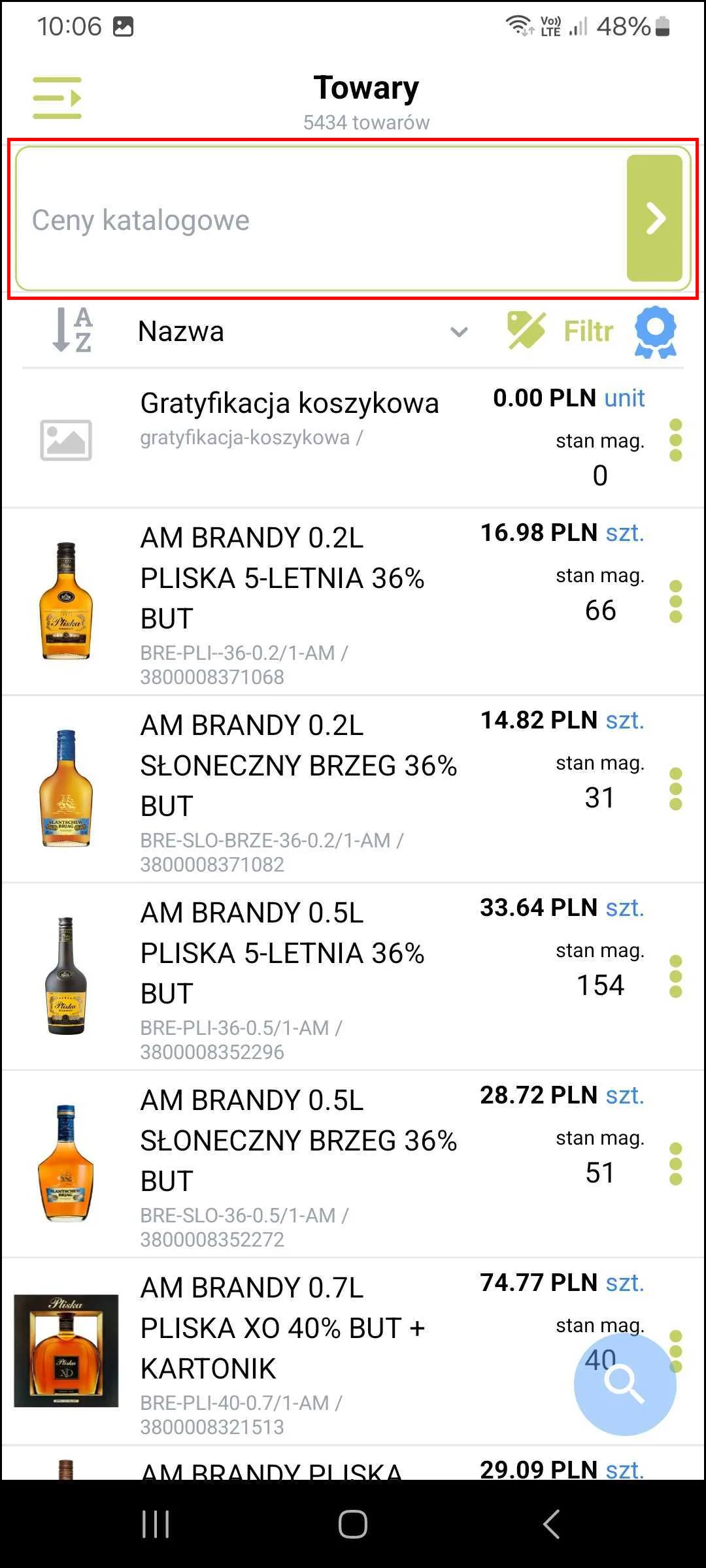 Zrzut ekranu – Lista towarów