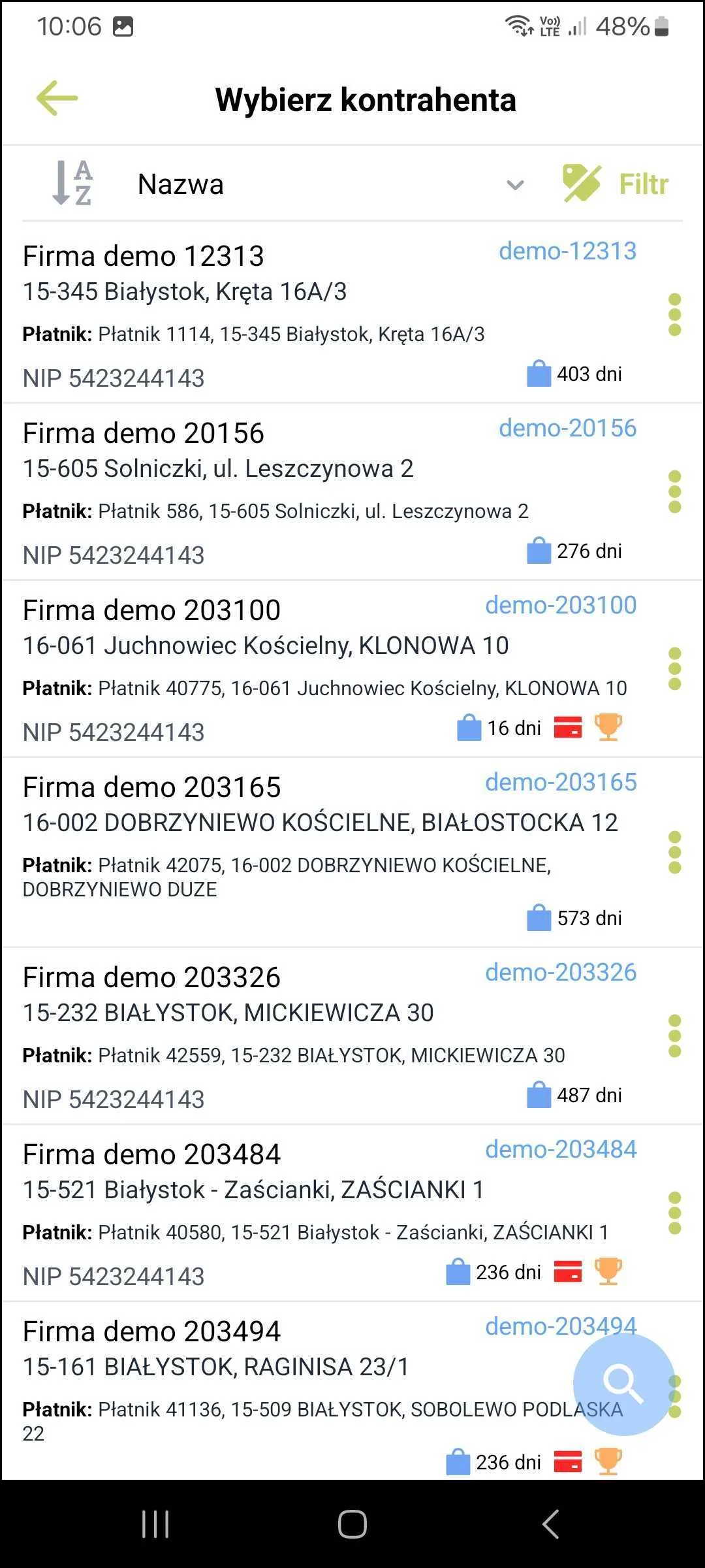 Zrzut ekranu – Lista towarów