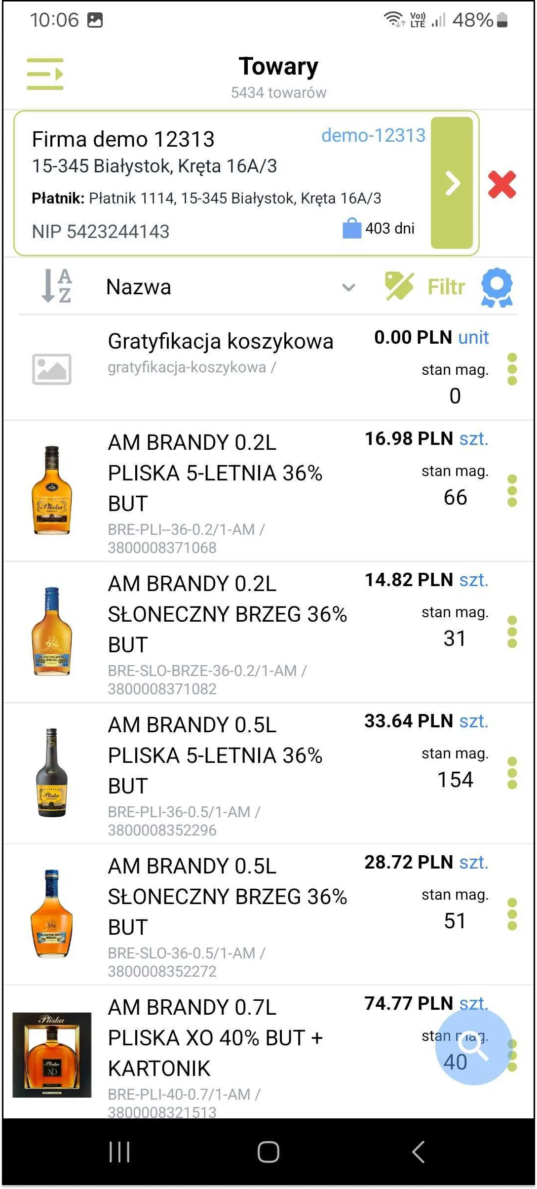 Zrzut ekranu – Lista towarów