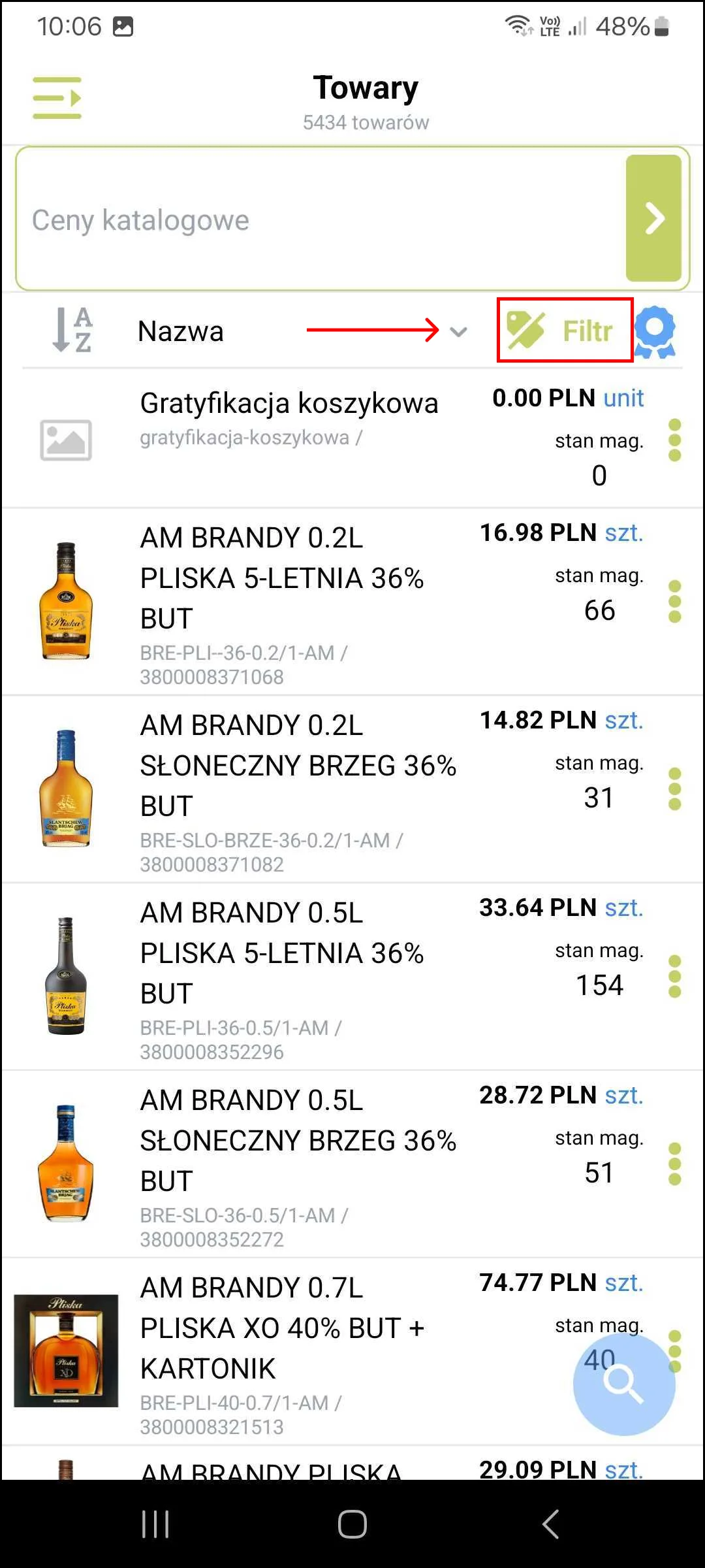 Zrzut ekranu – Lista towarów