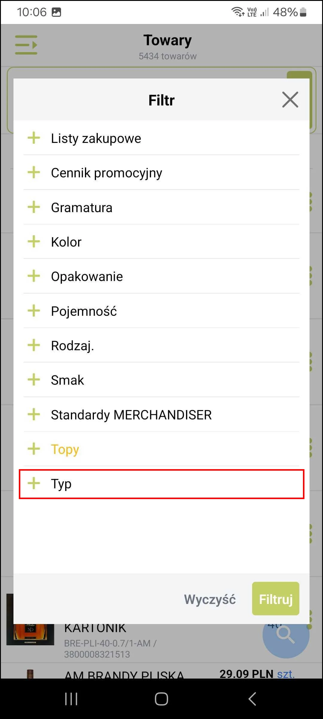 Zrzut ekranu – Lista towarów