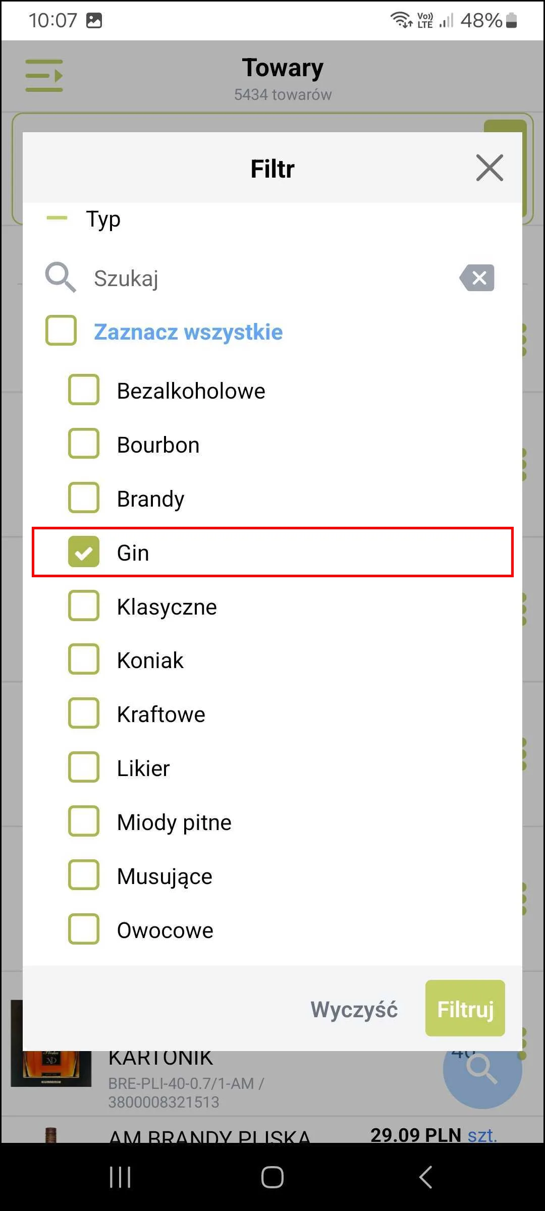 Zrzut ekranu – Lista towarów
