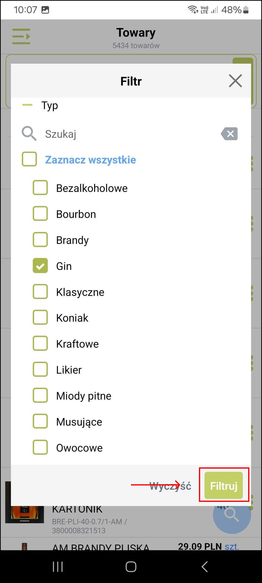 Zrzut ekranu – Lista towarów