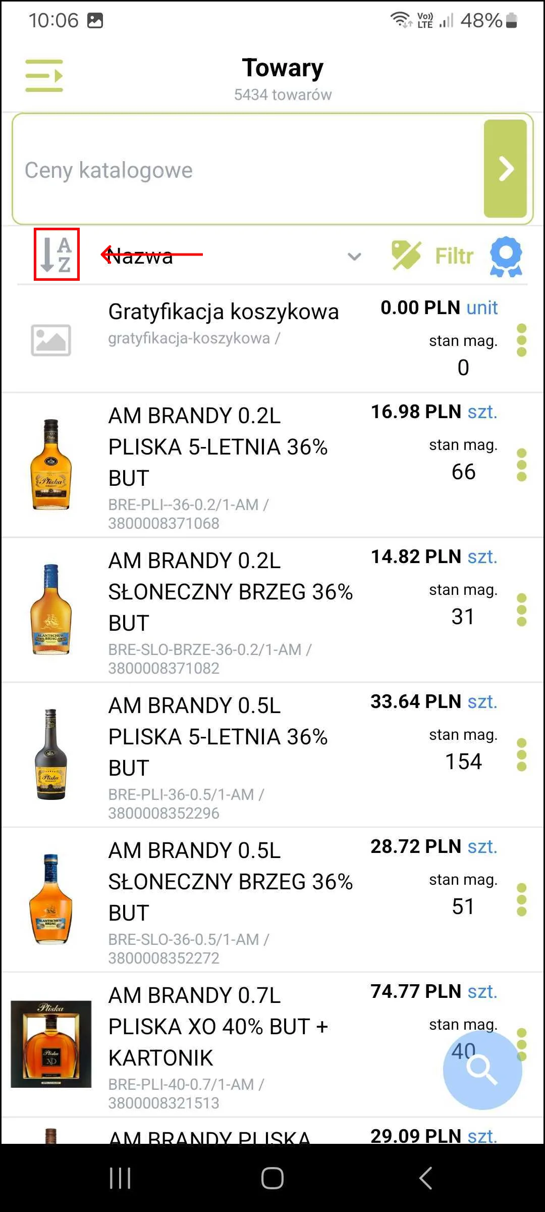 Zrzut ekranu – Lista towarów