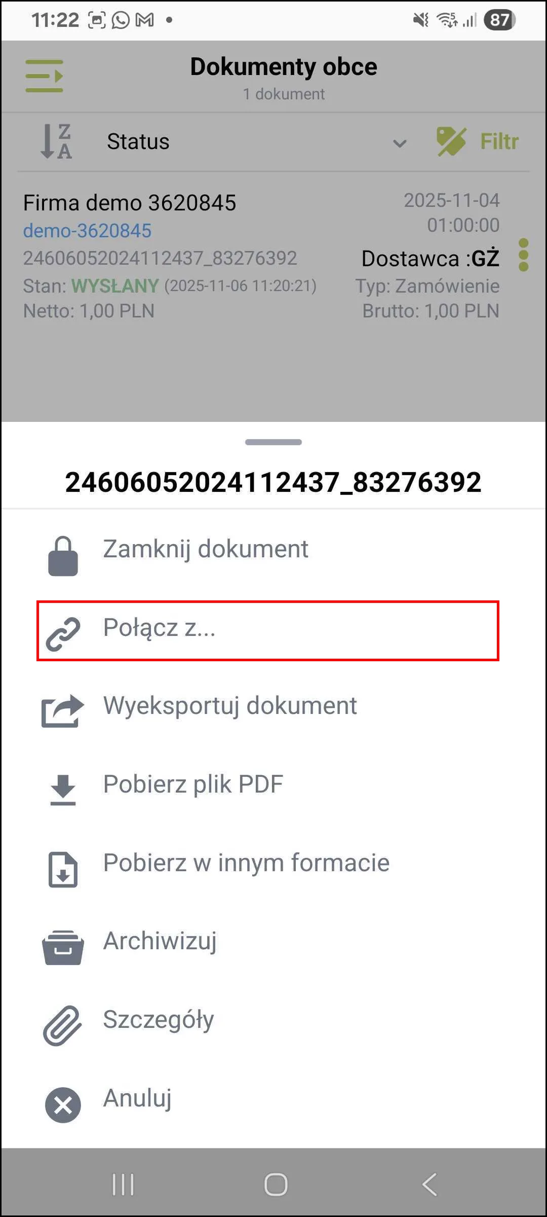Zrzut ekranu – Łączenie dokumentów w zakładce Dokumenty