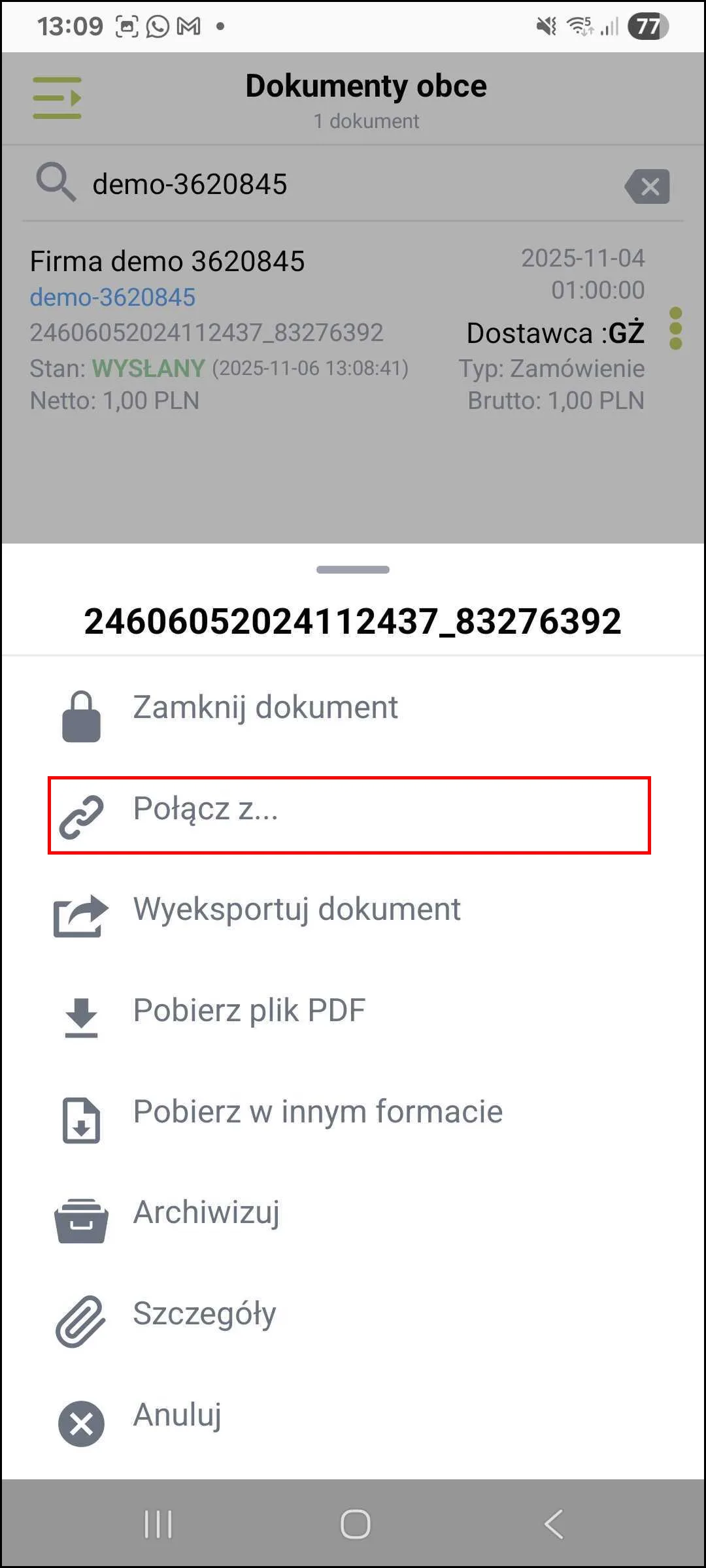 Zrzut ekranu – Łączenie dokumentów z okna wizyty